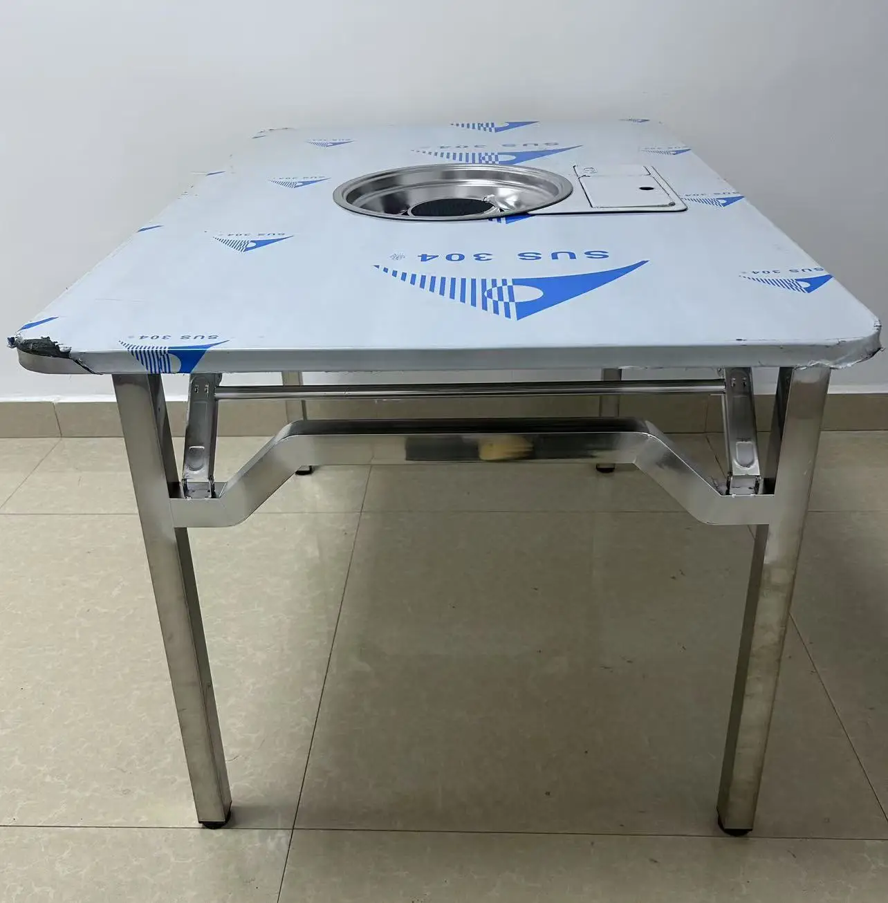 Outdoor Courtyard 2 in 1 Foldable Stainless Steel Square Dining Table with Korean BBQ Grill Restaurant Tables for Picnic