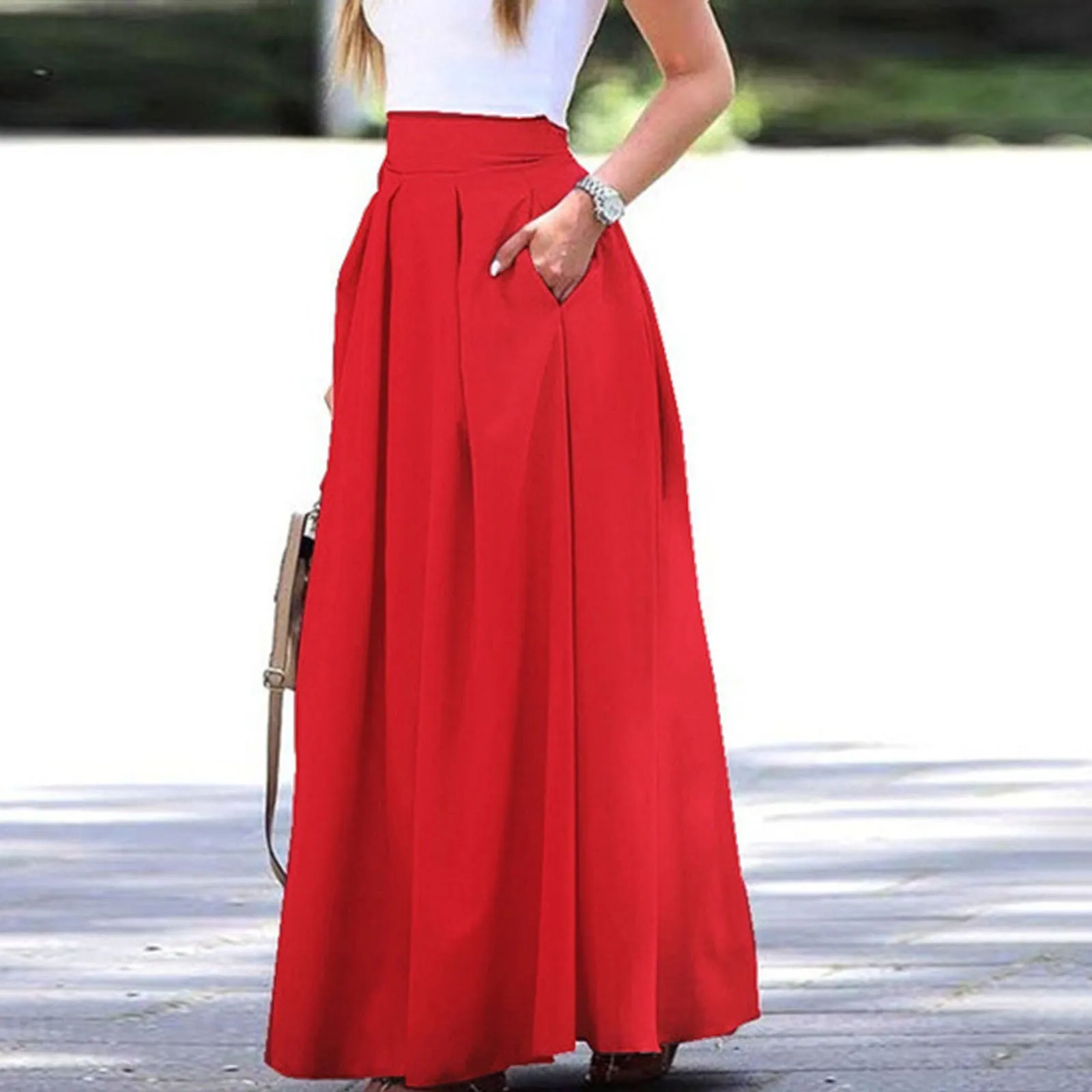 Women\'s Large Solid Women Satin Silk Long Skirts Cotton Solid Elegant Loose Sundress Femme Elastic Waist Oversized Casual Dresse