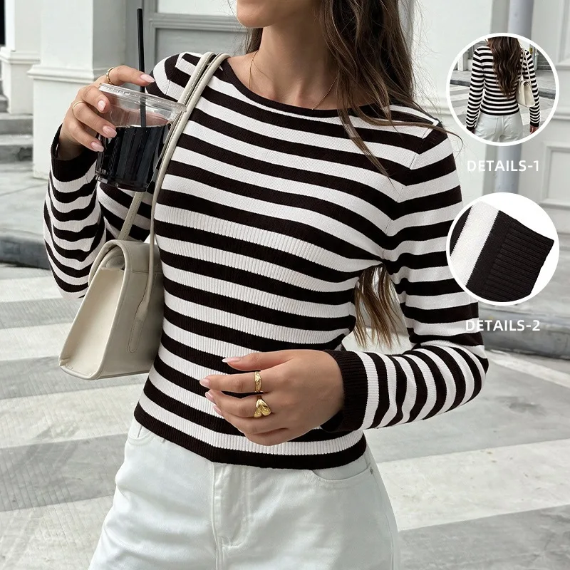 Autumn Long Sleeve Crew Neck Ribbed Pullover Women's Striped Knit Sweater Cropped Top Casual Basic Tee