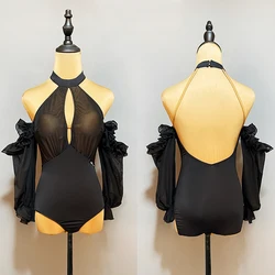 Off Shoulder Latin Ballroom Dance Tops Sexy Black Backless Bodysuit Tango Dancing Clothes Women Waltz Performance Wear DL10990