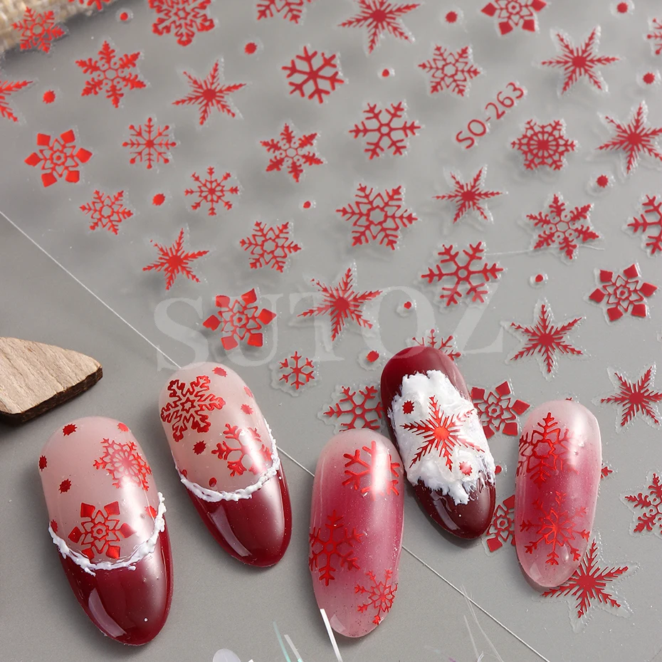 White Snowflake Christmas Nail Art Stickers Xmas Snow Flower Deer Trees Festive Red Santa Claus New Year Manicure Decor LESO-263