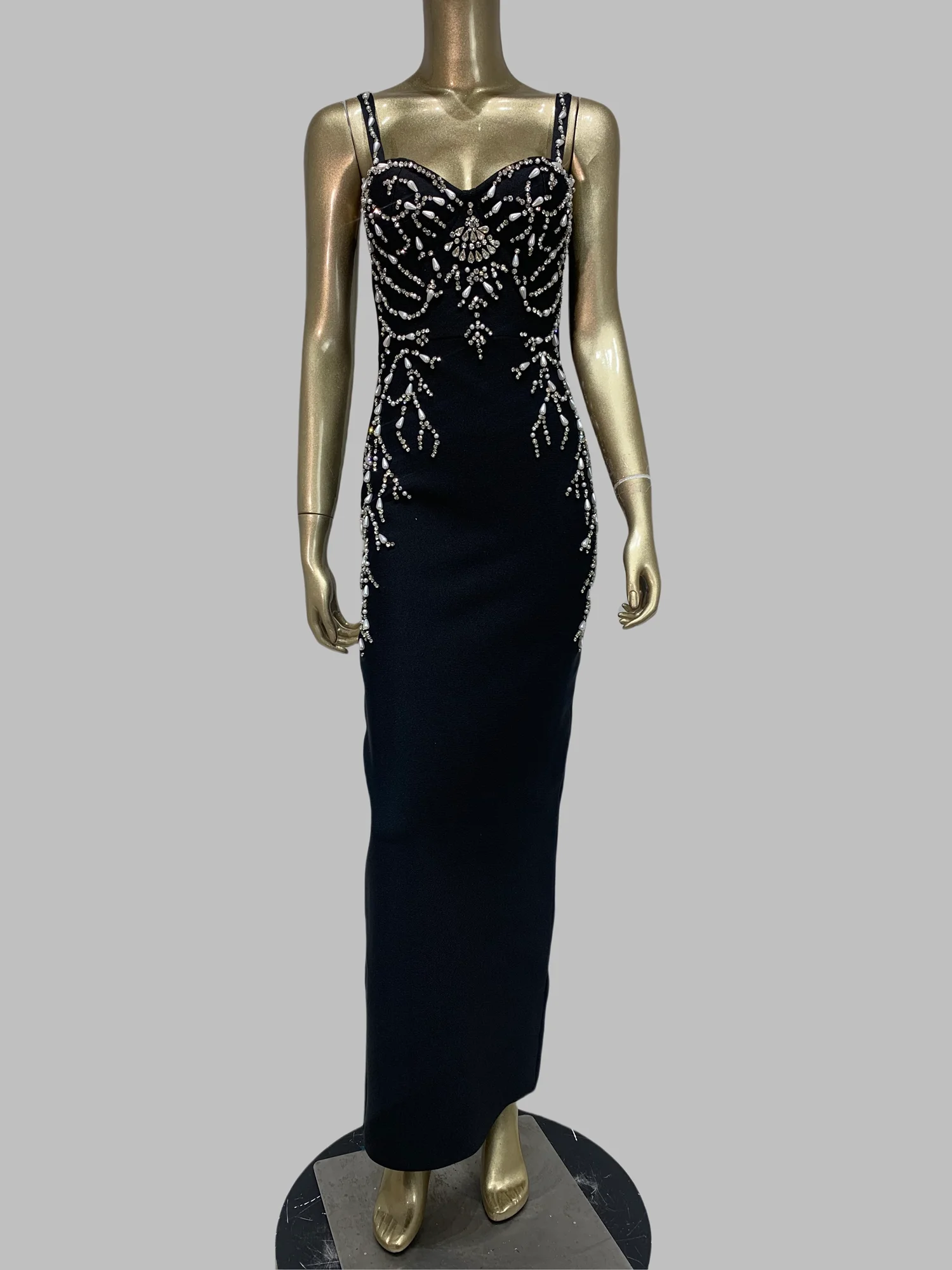 

Women Luxury Designer Bandage Party Dress Spaghetti Strap Crystal Embroidery Ankle Length Celebrity Evening Club One Piece Gowns