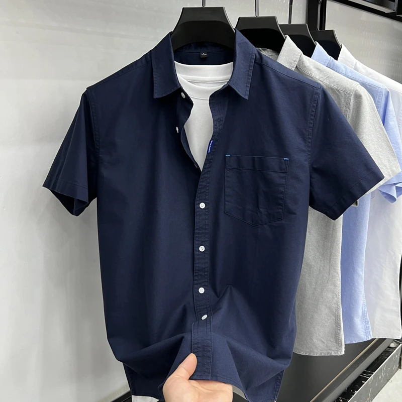 Design Brand Pure 100Cotton Men's Shirt Summer New Lapel Pocket Embroid Short Sleeve Base Shirt Business Fashion Men's Clothing