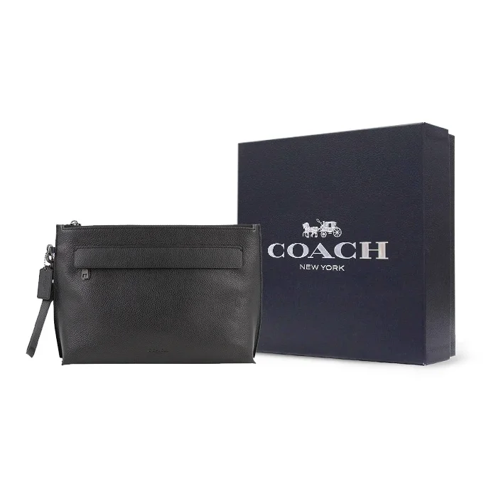 COACH Pouch Polished Pebbled Leather Wrist Bag Clutch Large Men's Black 28614-BLK view 4
