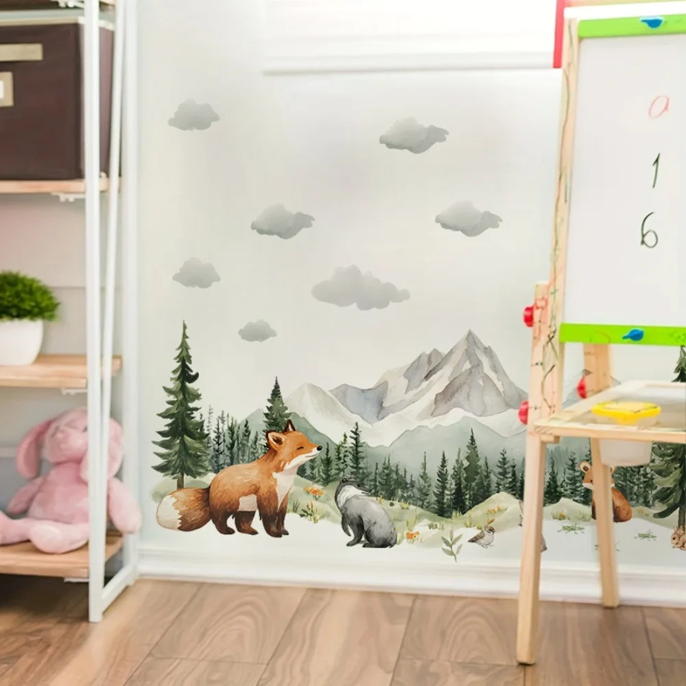 Watercolor Window Decals Forest Animals Fox Squirrel Mountain Self Adhesive Removable Sunlight Filter for Kids Room Bedroom