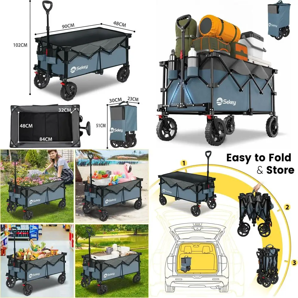 รถเข็นอเนกประสงค์พับได้สำหรับทุกพื้นผิว ล้อใหญ่ รับน้ำหนักได้ 330 ปอนด์ สีน้ำเงินและสีเทา พร้อมที่วางของ