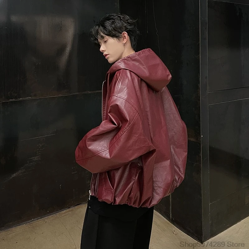 Oversized Vintage Loose Pu Leather Puff Sleeves Short Jacket Men Women Streetwear Male Zipper Retro Moto Biker Coat Outwear