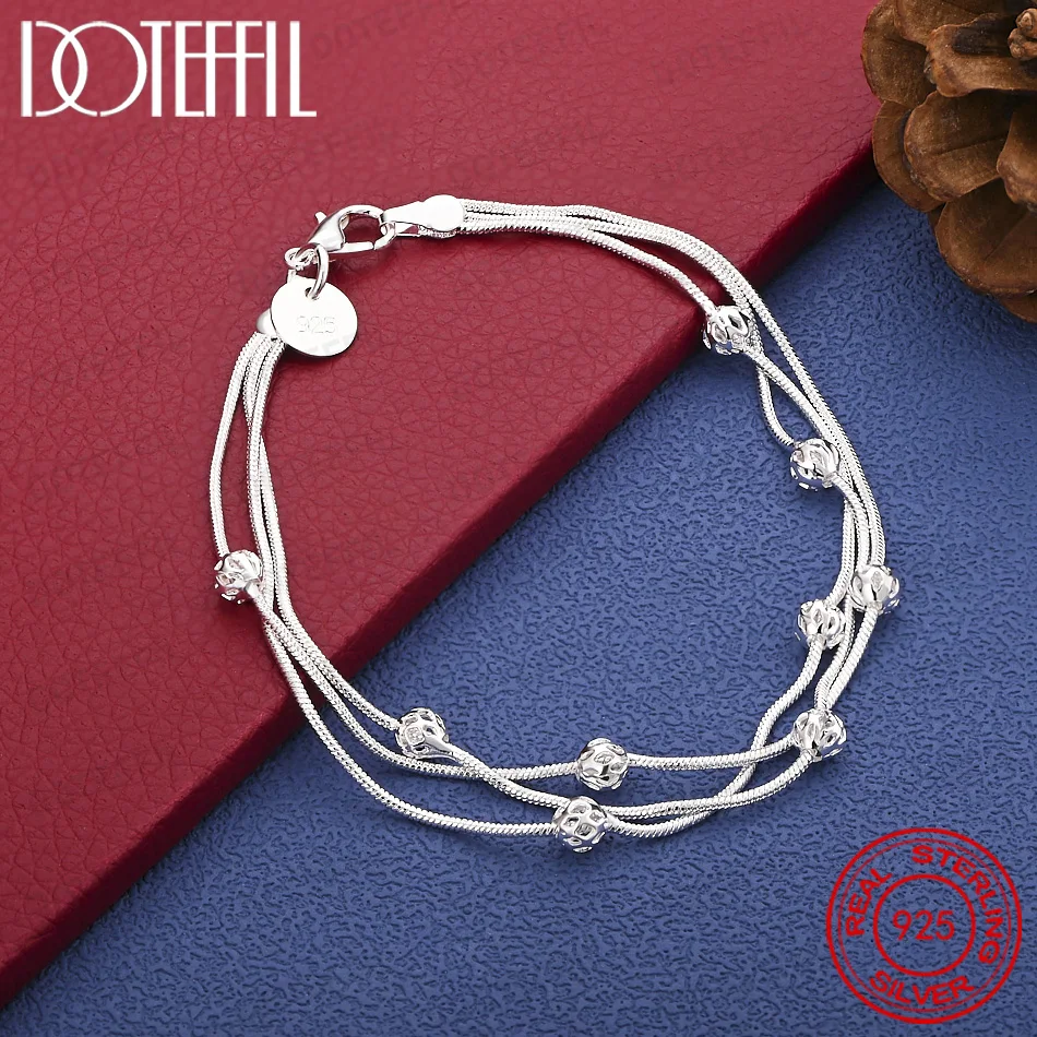 

DOTEFFIL 925 Sterling Silver Bracelet with Lucky Bead And Tri-Snake Chain Design Chic And Simple Jewelry Accessory