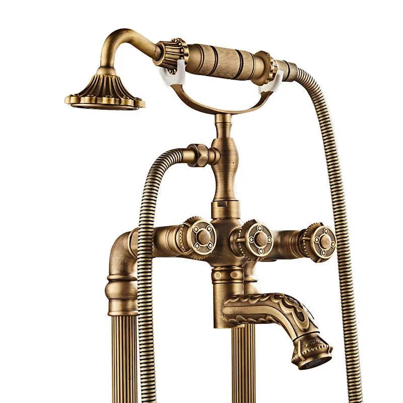 

Antique Brass Bathtub Faucet Floor Stand Shower Mixer Tap Exquisite Carved Bathtub