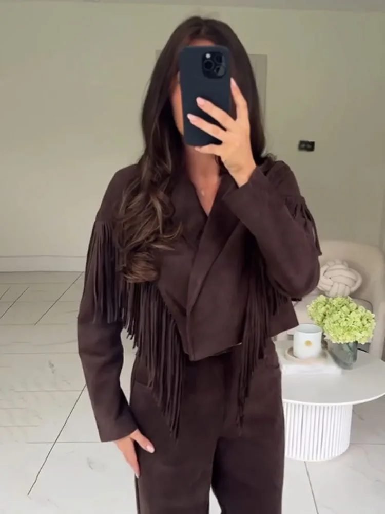 HH المرأة شتاء موضة جديدة الصلبة بدوره إلى أسفل طوق طويلة الأكمام شرابة الديكور معطف الإناث شارع العليا سترات قصيرة غير رسمية