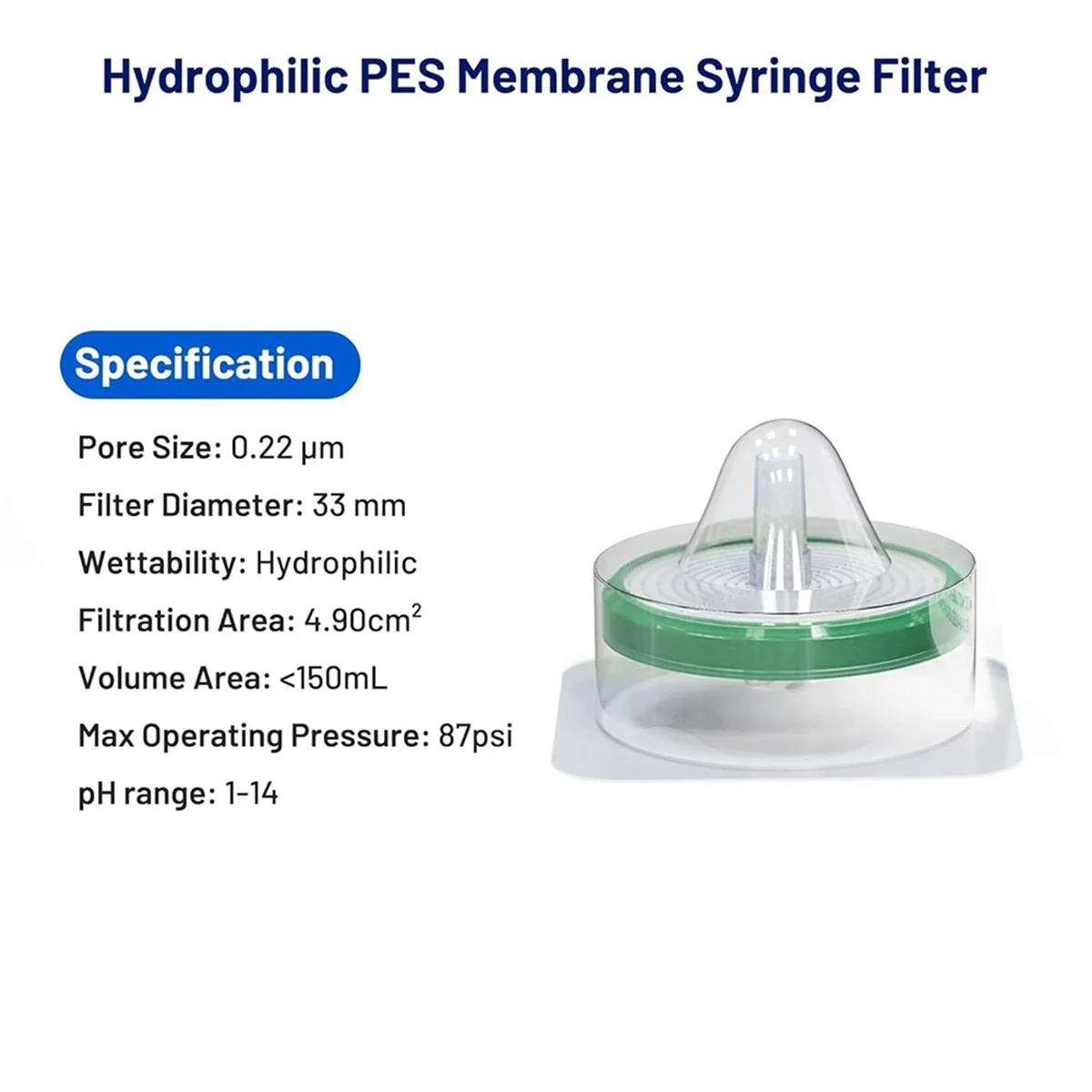 

AT13 Sterile Syringe Filter PES (Polyethersulfone), Hydrophilic Filtration, 33mm Membrane Diameter, 0.22µm Pore Size 50Pcs
