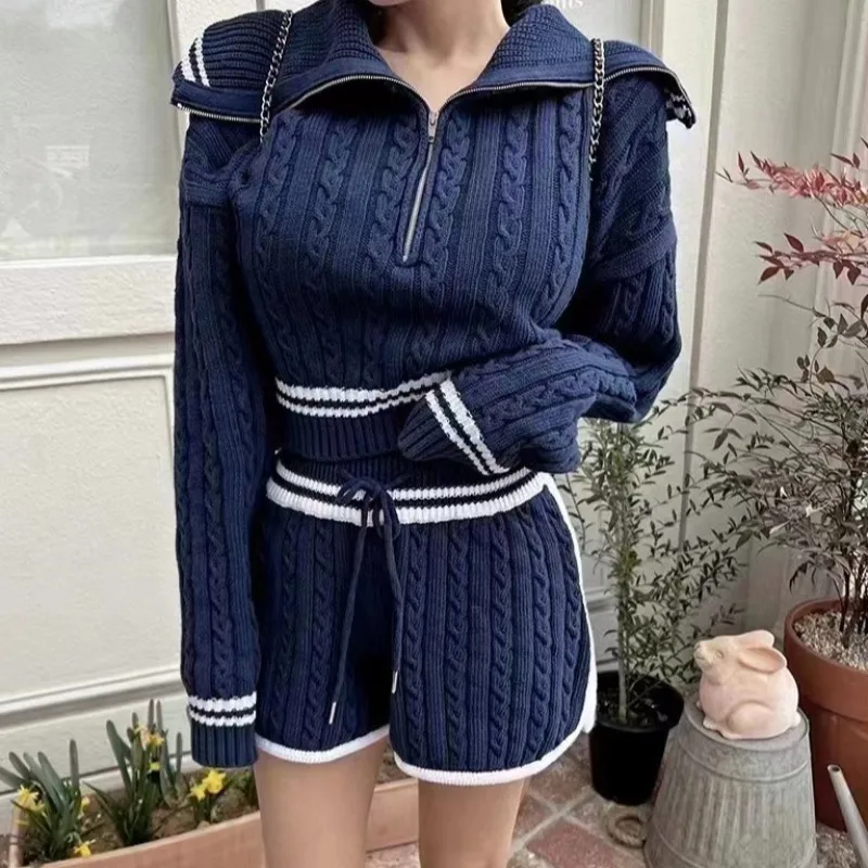 HELIAR Women Knit Casual 2 Piece Sets Zipper Pullover Sweater + High Waist Drawstring Shorts Set Office Women Outfit Fall Winter