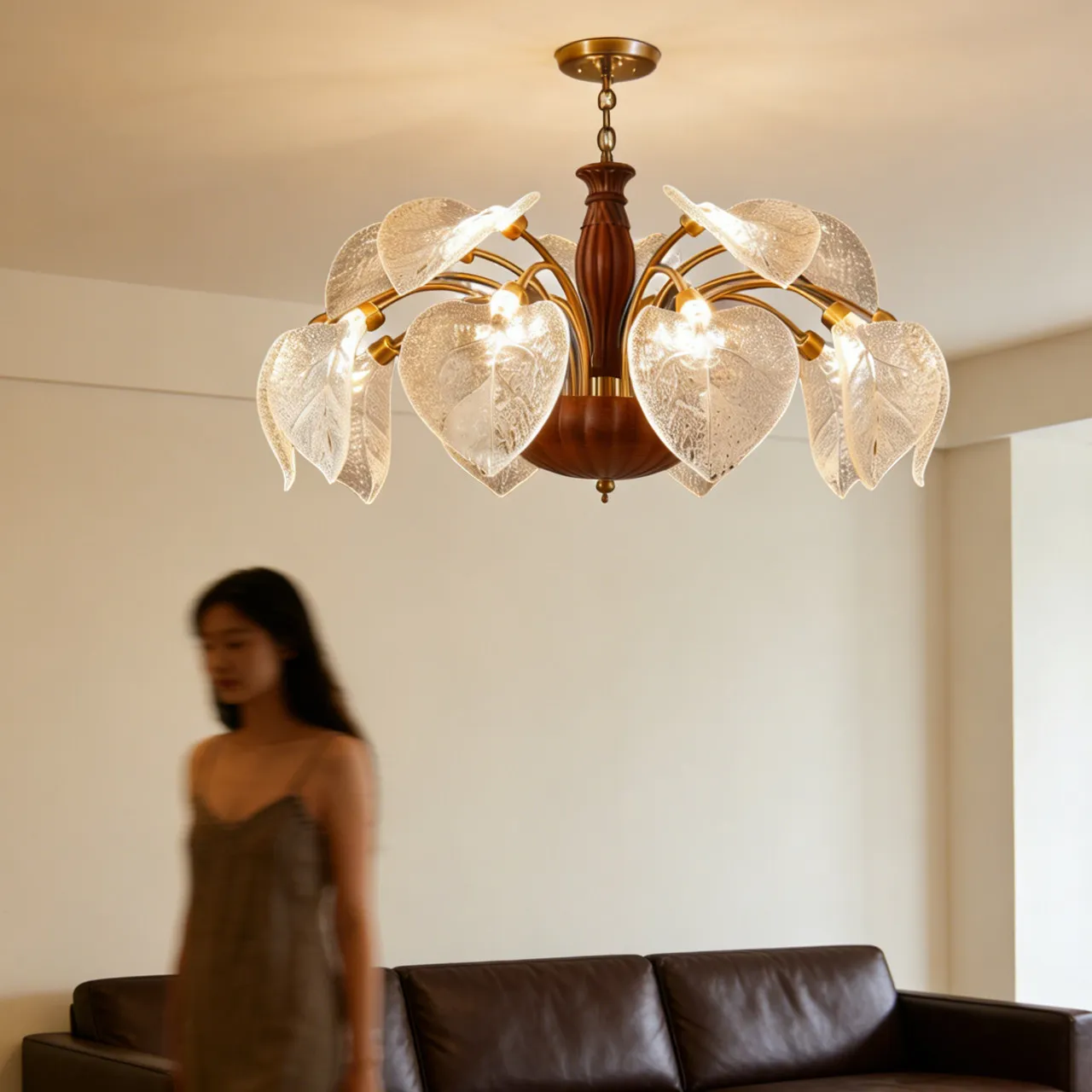 

Handmade Frosted Glass Leaf Chandelier with Amber Bronze & Solid Wood, Warm Ambient Lighting Dining Room Living Room