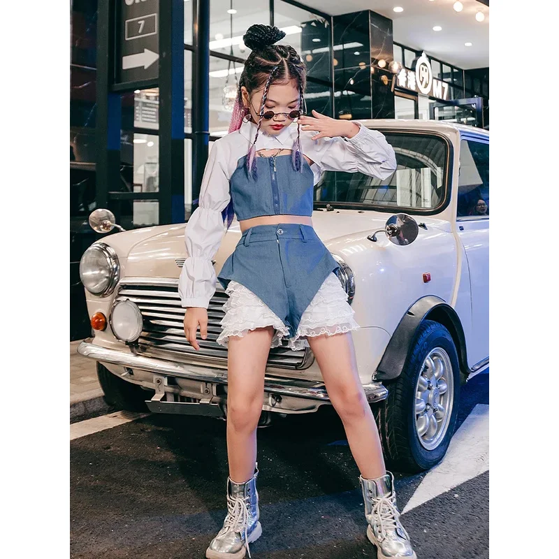 ZZL Urban Street Jazz Dance Children's Clothes K-pop Stage Outfits Blue White Fashion Cool Clothes for Girls Y2K Runway Show
