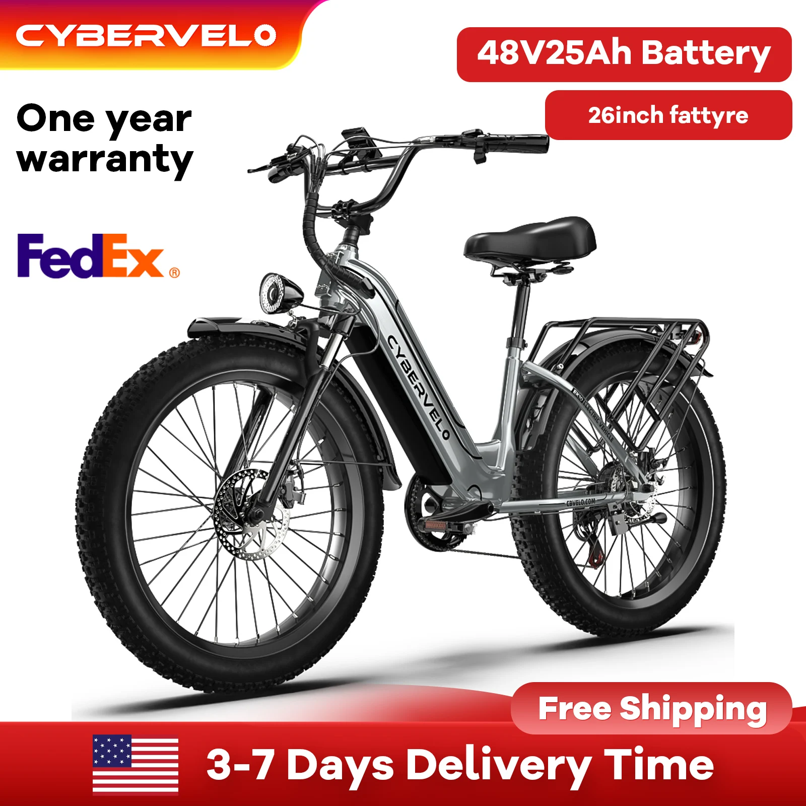 

Электровелосипед для взрослых с низкой рамой 26 дюймов, шины 4.0 дюйма, пиковая мощность 1000 Вт, съемная батарея 48В 25Ач, городской электровелосипед для поездок на работу, 7-скоростная трансмиссия EK10