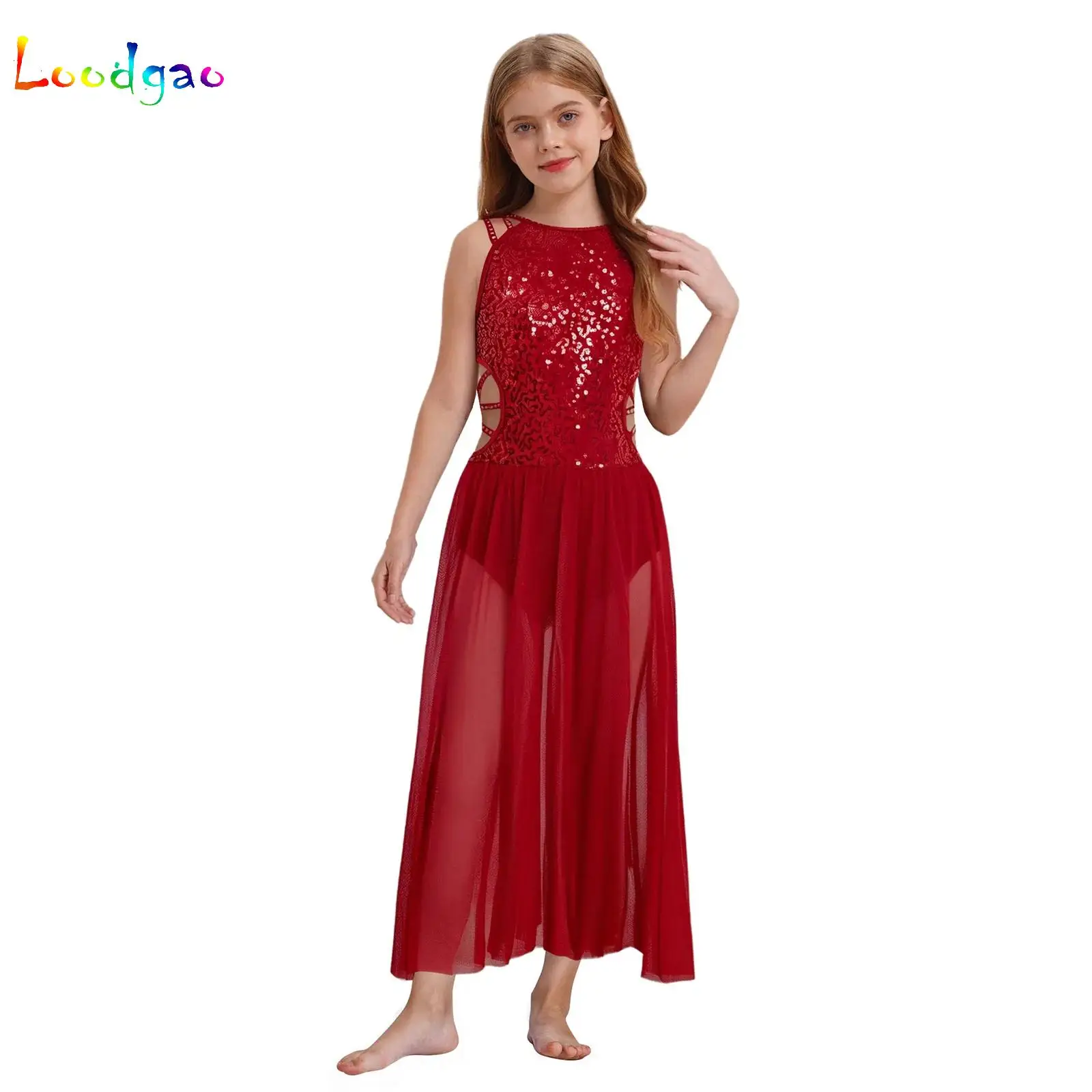 Kids Girls Shiny Sequins Lyrical Dance Costume Ballet Modern Figure Skating Dancewear Rhinestones Cutout Side Split Mesh Dress