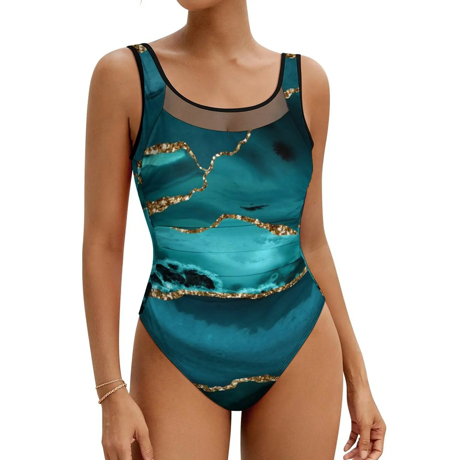 

Teal Blue Marble Swimsuit Gold Glitter Print One Piece Swimwear Push Up Fashion Bathing Suits Sexy Holiday Rave Design Bodysuit