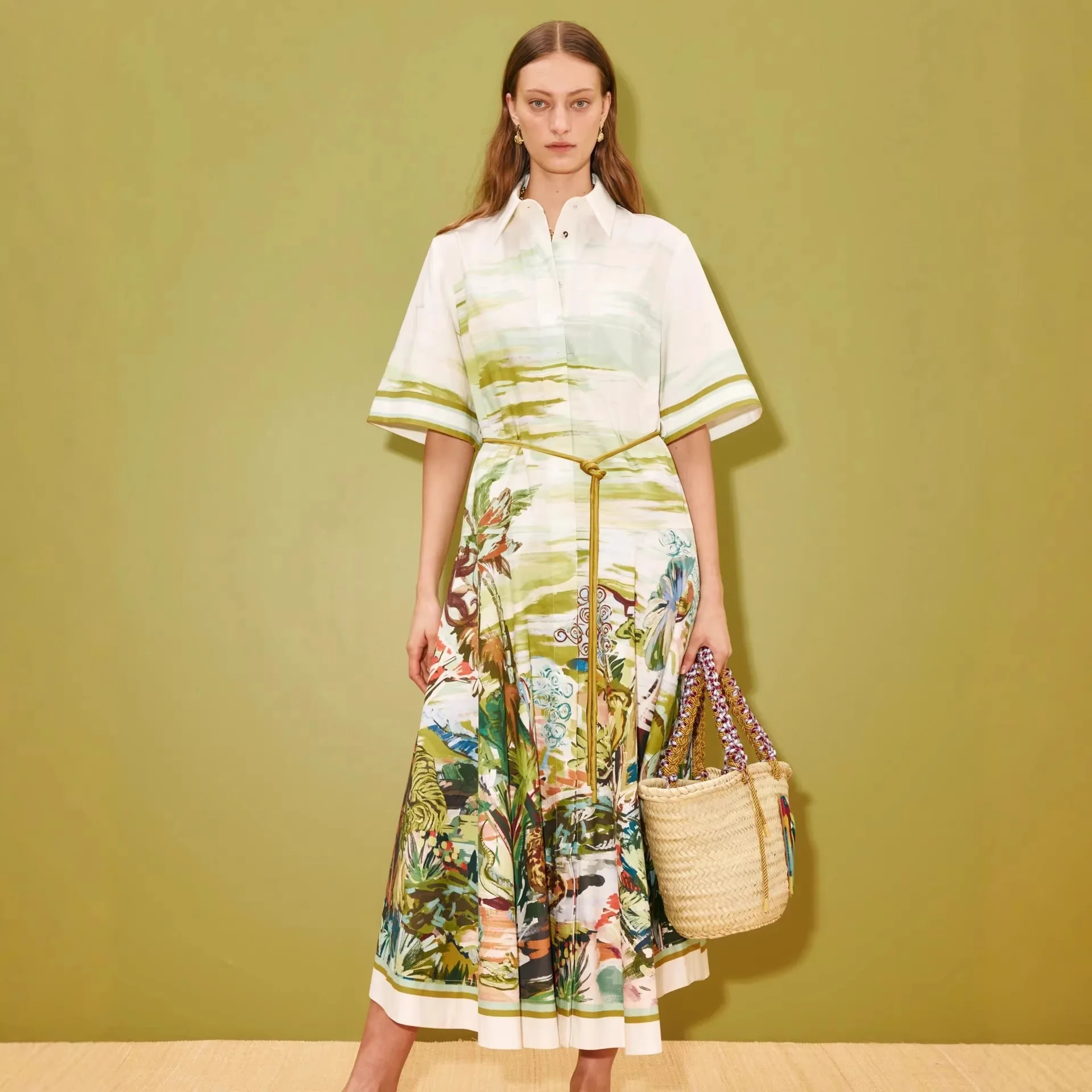New Casual Fashion Linen Shirt Collar Cardigan Long Dress