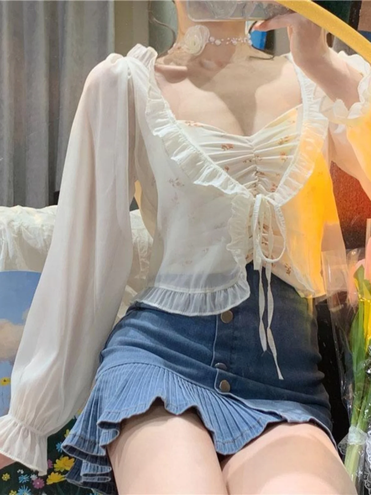 

Шикарный ультра-сказочный летний кардиган с длинными рукавами и V-образным вырезом, укороченный, однотонный, из полиэстера, для защиты от солнца