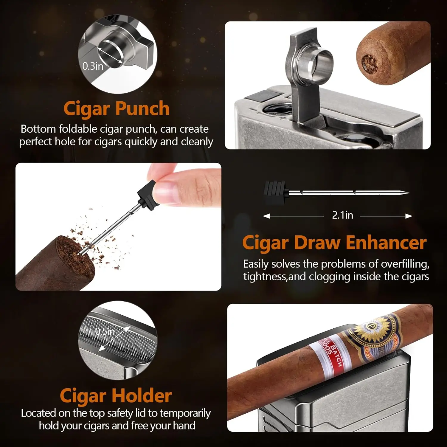 Scotte Cigar Lighter 4 Jet Flame,Refillable Butane Lighter with Cigar Cutter V Cut Cigar Punch Cigar Holder Cigar Draw Enhancer