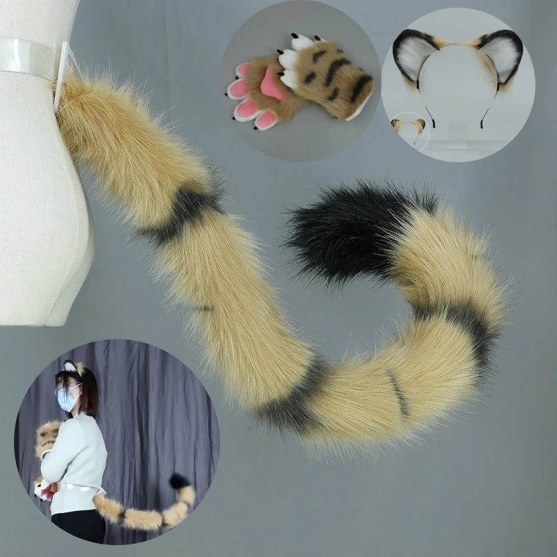 New Simulation Tiger ears Bendable Plush Tiger Tail Cute Headband Fox Ears Halloween Accessories Headdress Tiger Cosplay Props