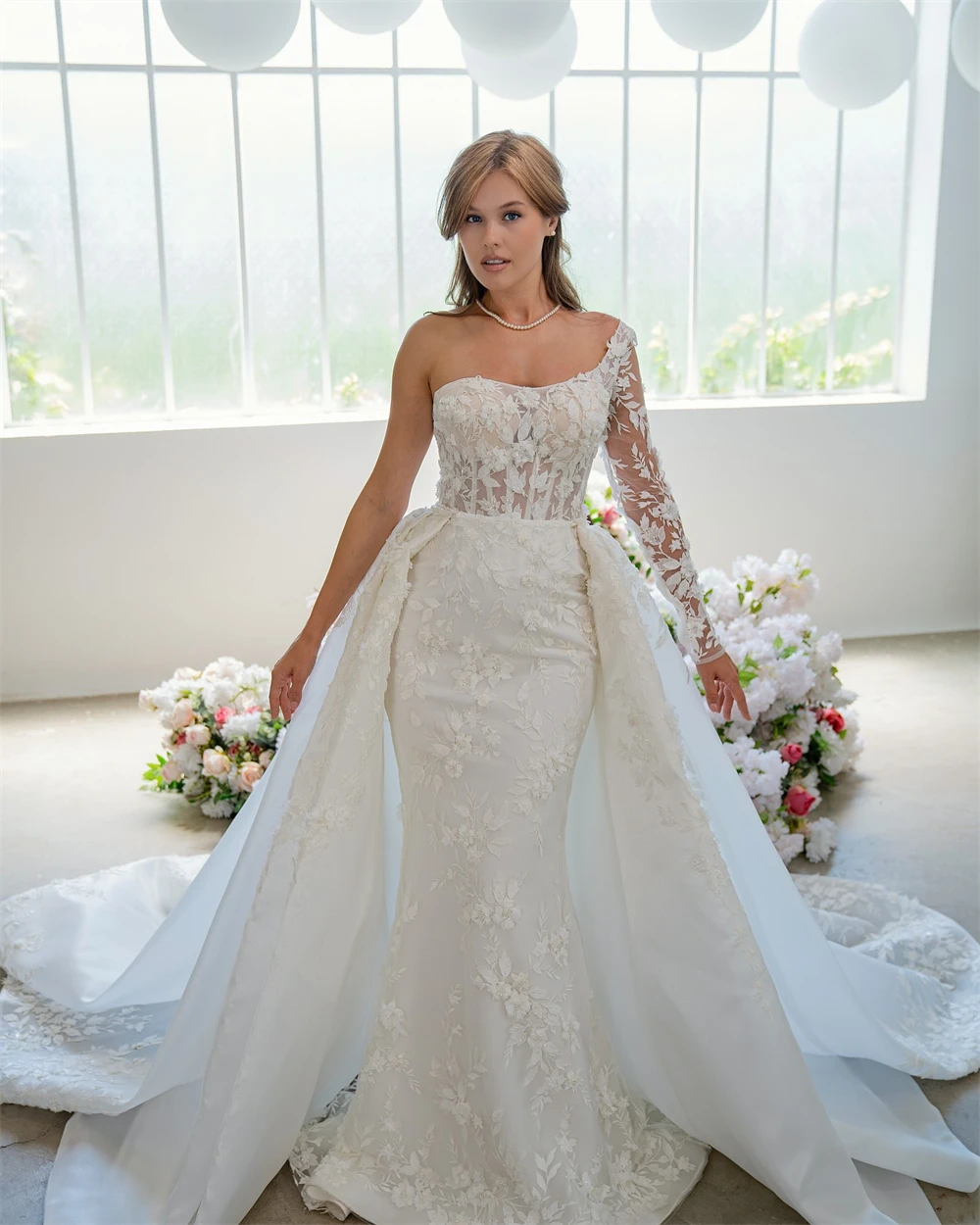 Customized Soft White Organza Wedding Dress Sexy One Shoulder Long Sleeves Bridal Gowns Boho Mermaid Court Train Robe de mariée