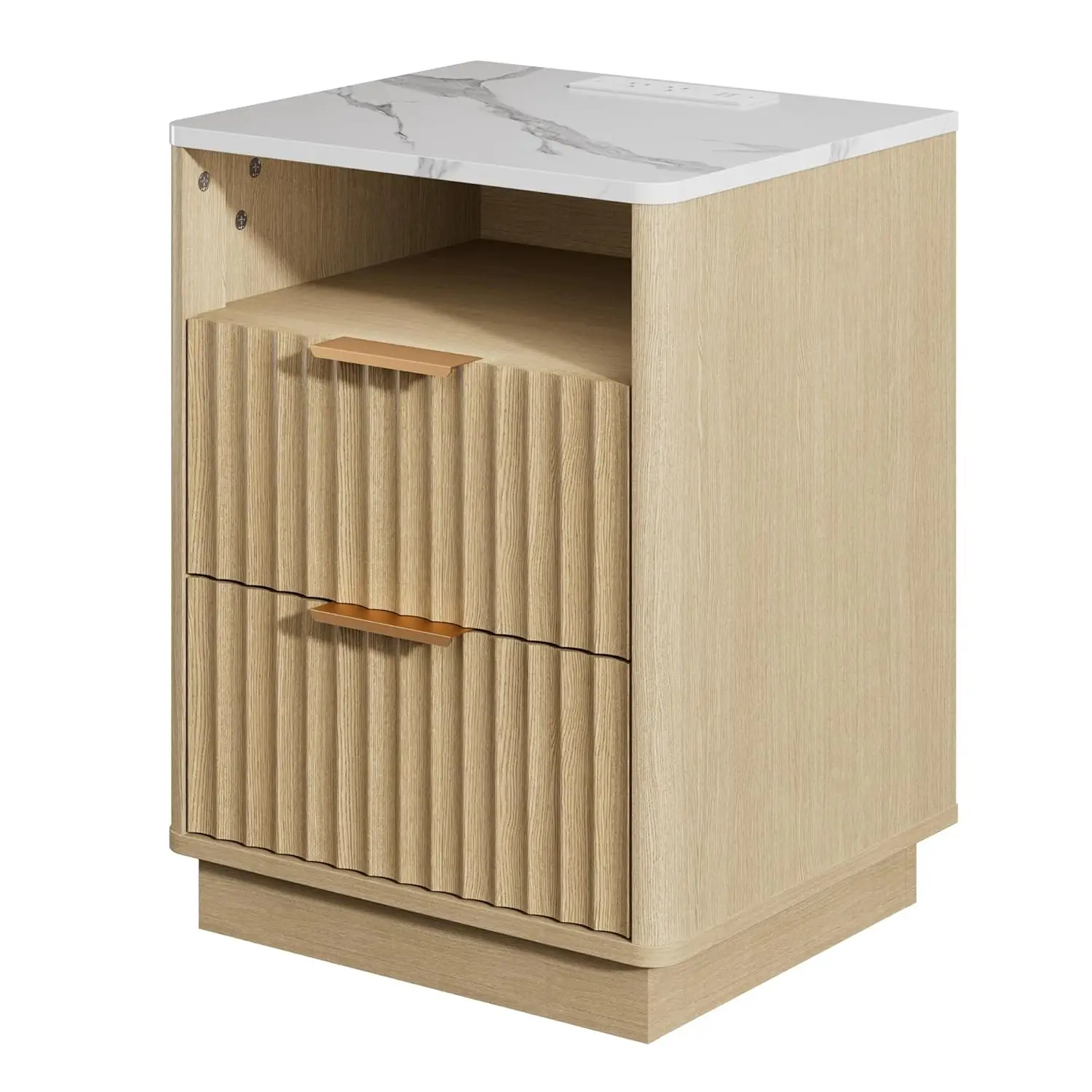 

Прикроватная тумбочка с 2 ящиками и зарядной станцией, с изогнутой столешницей из искусственного мрамора и натурального дуба, на заказ