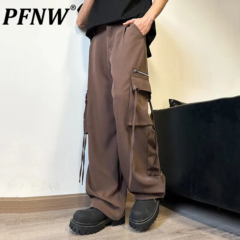 

PFNW Men Cargo Pants Streamer Design Loose Straight Big Pocket Trousers Casual Bottoms 2024 Summer New Trendy Male 28W3797