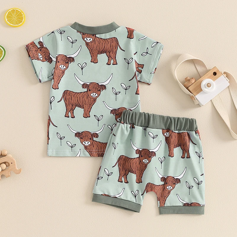 

Western Baby Boy Summer Outfit Cow Print Short Sleeve T-Shirt Top and Shorts Set 2Pcs Cowboy Outfits