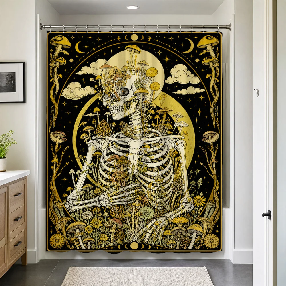 Gothic Skeleton Mushroom Pattern Waterproof Shower Curtain Bathroom Liner Dark Decor Steampunk Art Celestial Skull Tapestry Show