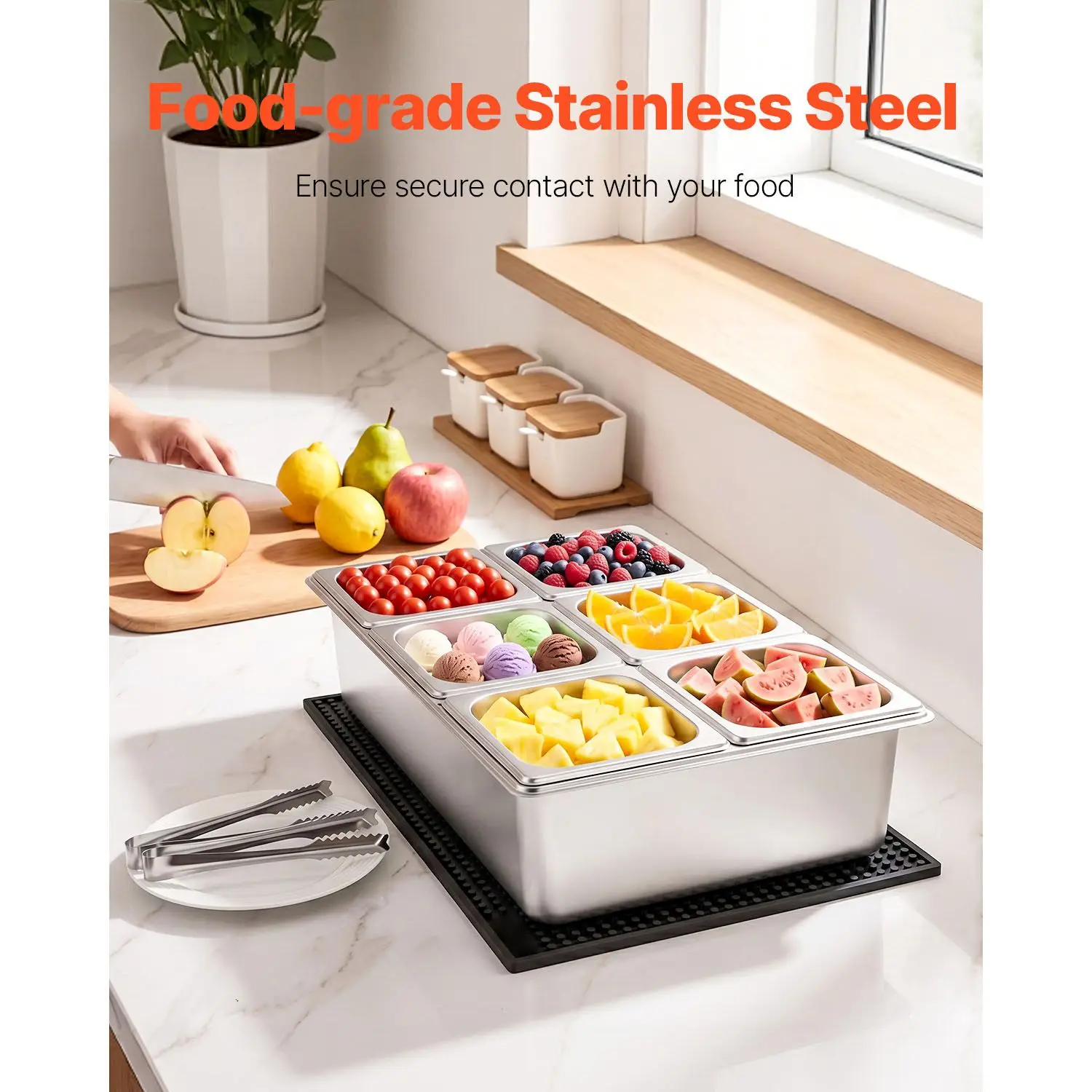 Countertop stainless steel food salad tray buffet dressing dispenser with ice cooling rack