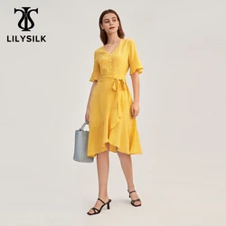 LILYSILK Summer Women 18mm Silk Tied Dress 2022 New Femme Casual Ruffle Trim V Neck Robe Lady Ceramic Button Front Boho Outfits