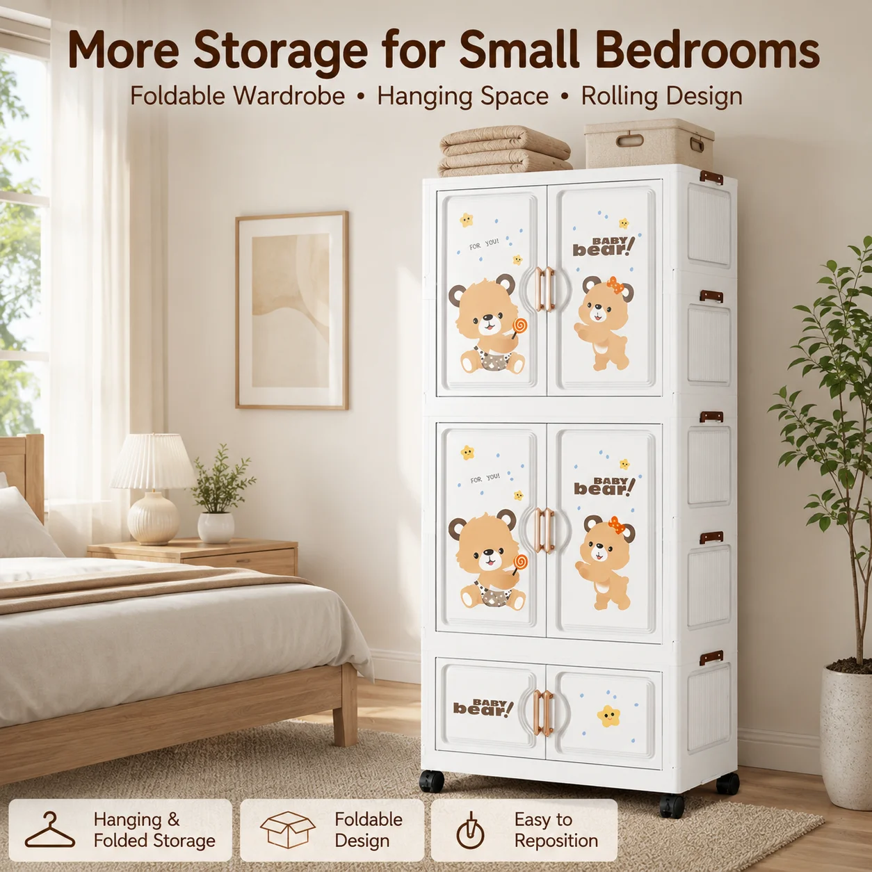 Foldable Plastic Wardrobe with Wheels, Tool-Free Assembly Freestanding Closet Cabinet, Stackable Dustproof Storage Armoire with Magnetic Door, Large Capacity Movable Clothing Organizer for Bedroom Apartment Rental House, 2 Sizes Available