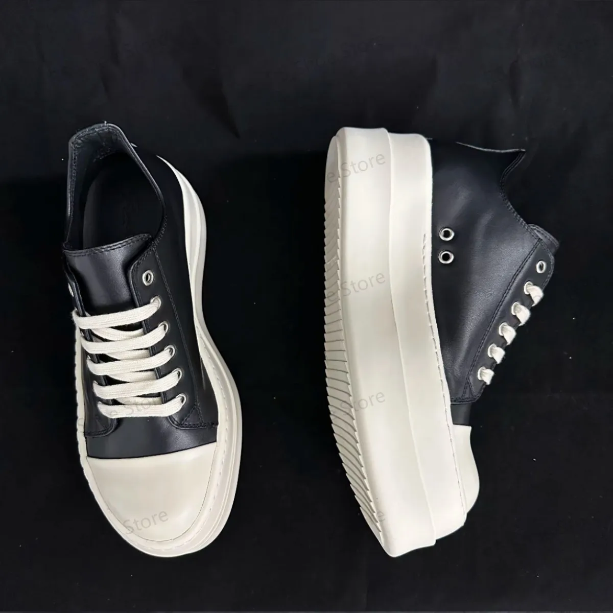 

Ro Luxury Men Shoe Women Sneaker Black Leather Low Top Casual Shoes Lace Up 6cm Thick Sole Pantshoes Black Cowhide Flat Sneakers