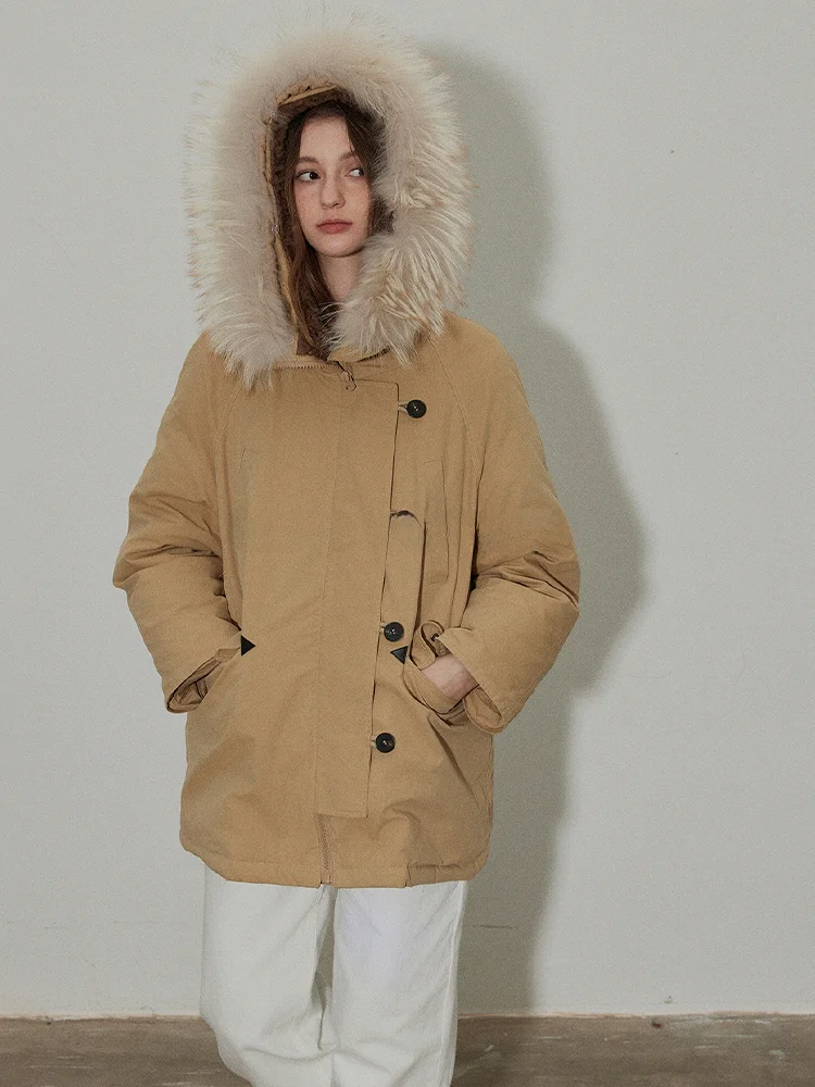 

Новая женская зимняя куртка цвета хаки с капюшоном и меховой отделкой, свободного кроя, в стиле рабочей одежды, утепленная, с длинными рукавами, на молнии