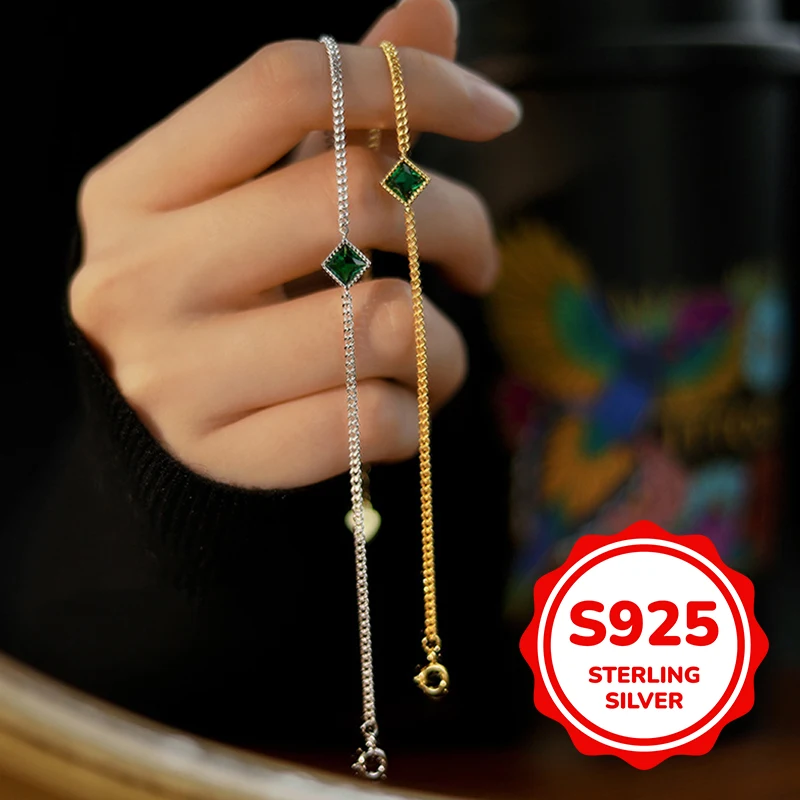 

s925 sterling silver square imitation emerald bracelet for women light luxury classic elegant fashion retro simple casual daily