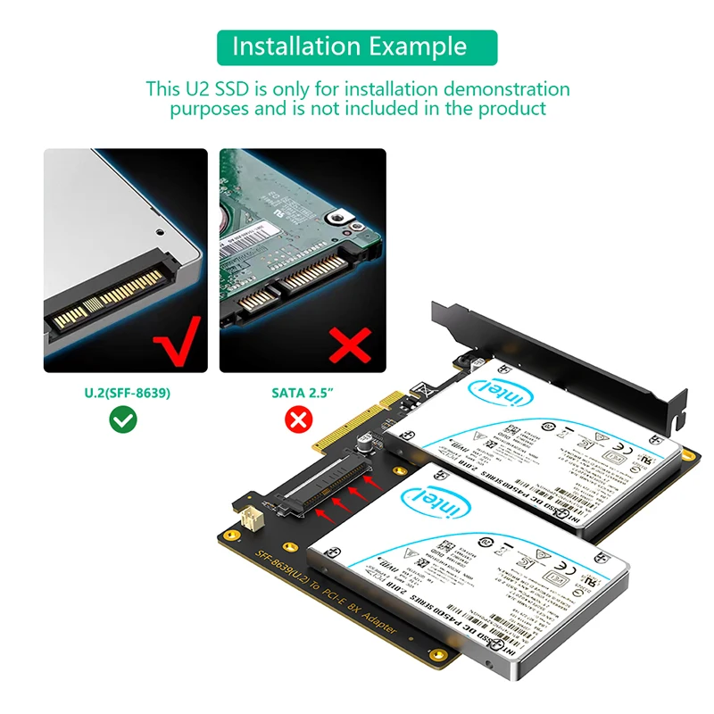 Adaptador Dual U.2 SSD a PCIE 4,0 X8, tarjeta de expansión U2 SFF-8639 a PCI Express 8X, placa base PCIe bifurcación VROC para Soft RAID