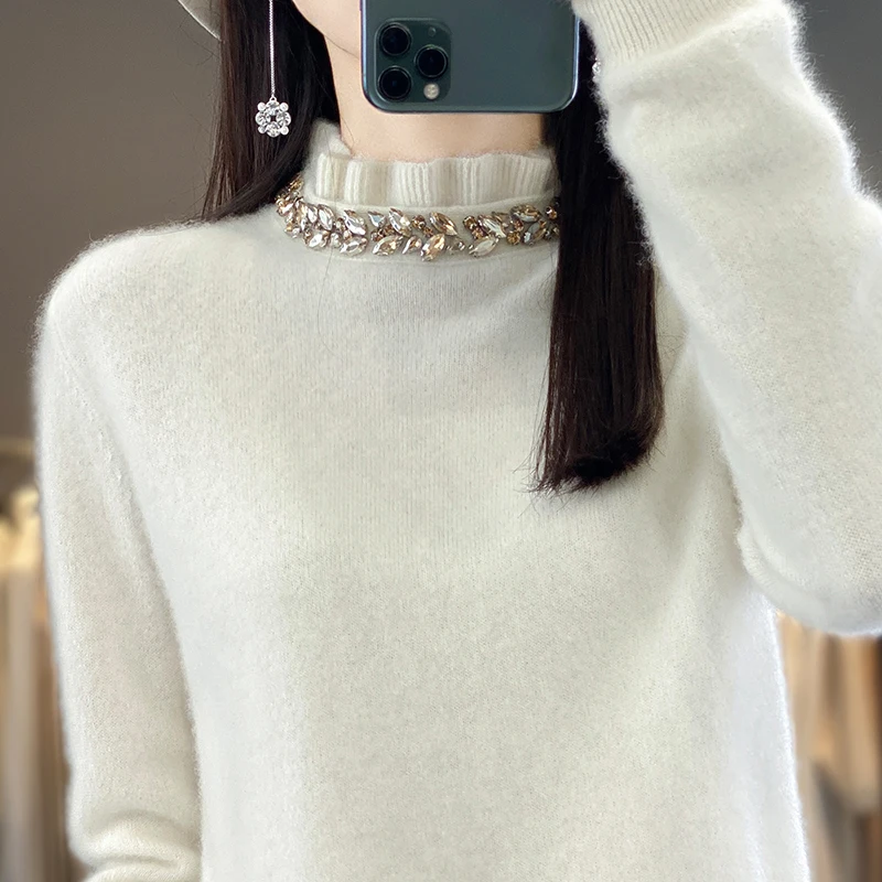 23Fall Winter New Woolen Sweater Women\'s Fungus Collar Long Sleeve Pullover 100% Pure Wool Loose-Fitting Diamond Bottoming Shirt