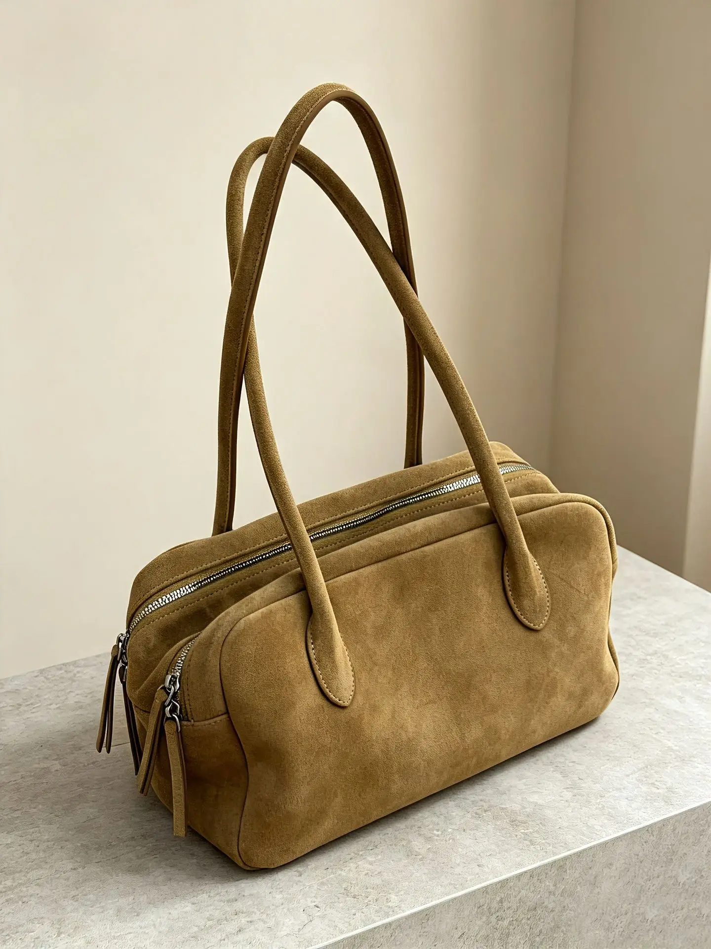 FIRMRANCH 2026 Autumn/Winter New Classic Solid Color Suede Cowhide Double-Layer Toast Design Women's Square Shoulder Bag All Mat