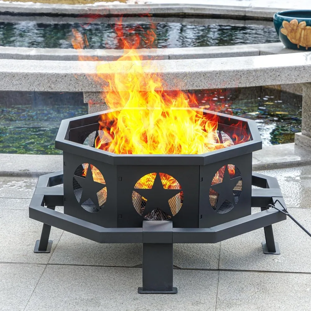 

Fire Pit for Outside, Heavy Duty Wood Burning Fire Pits with Fire Poker, Outdoor Octagonal Firepit for Camping, Yard, Patio