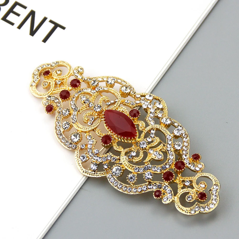 Sunspicems Chic Morocco Crystal Women Brooch Gold Color Arabic Flower Caftan Pins Arabesquitic Wedding Jewelry Dubai Bridal Gift