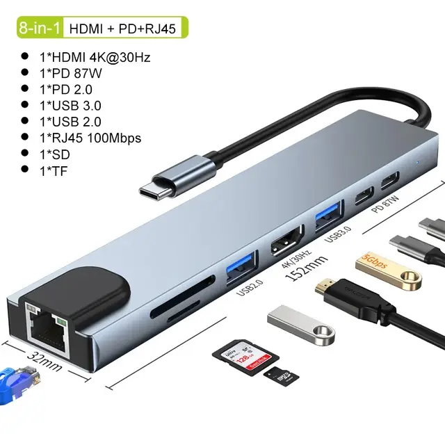 USB C Hub 8In1 7in2 7in1 Type C 3.1 To 4K HDMI Adapter with RJ45