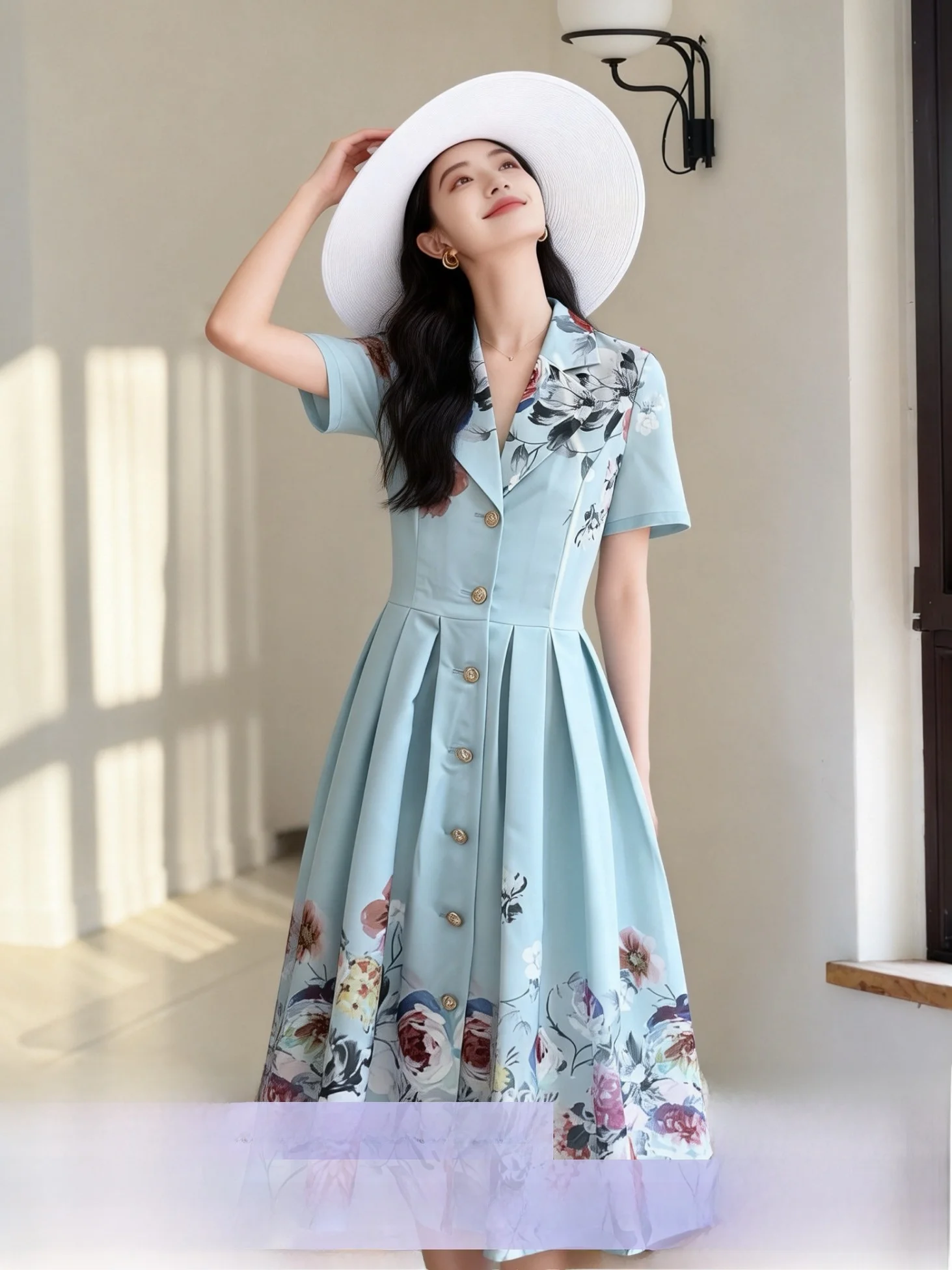 

Heben Retro 30s Aosphere Spring Dr 563 Blue Pleated irt Skirt Commute A-line Skirt Polyester Fiber Soft Spring Dr