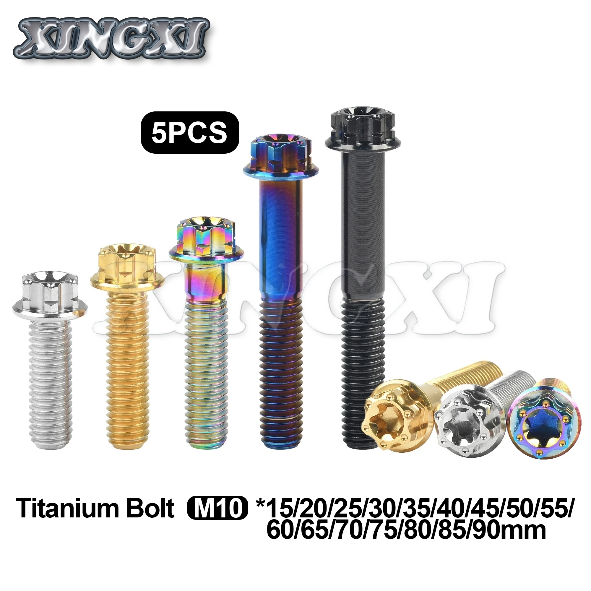 

Xingxi 5pcs Titanium Bolt M10x15 ~ 90mm T50 Torx Pitch1.25/1.5mm Torx Flange Screw for Motorcycle Caliper Modification