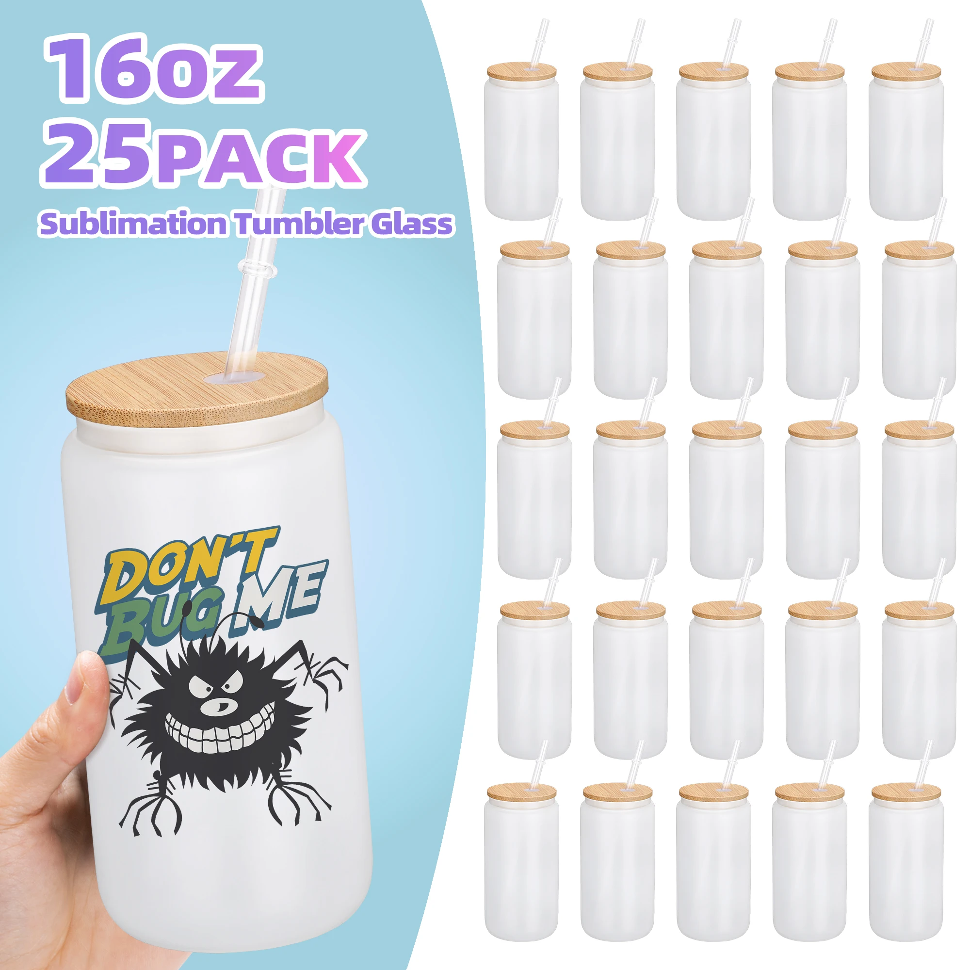

USA Warehouse 25pcs 16oz frosted sublimation glass blanks cans glass tumbler with bamboo lid and straw glass drinkware