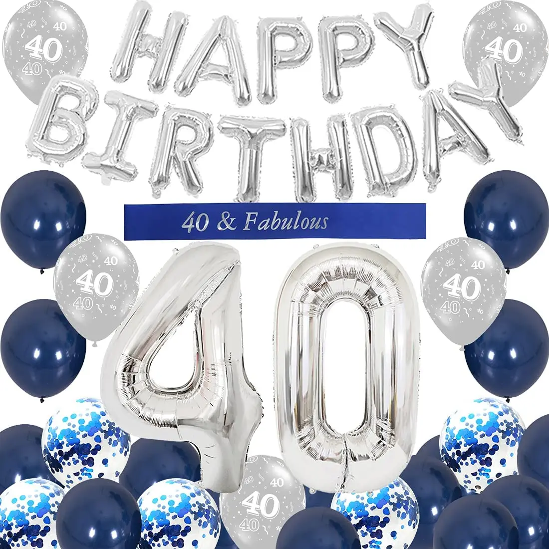 

Cheereveal Blue Sliver 40th Birthday Party Decoration Happy Birthday Balloon Banner Number 40 Foil Balloon for Men Women Party