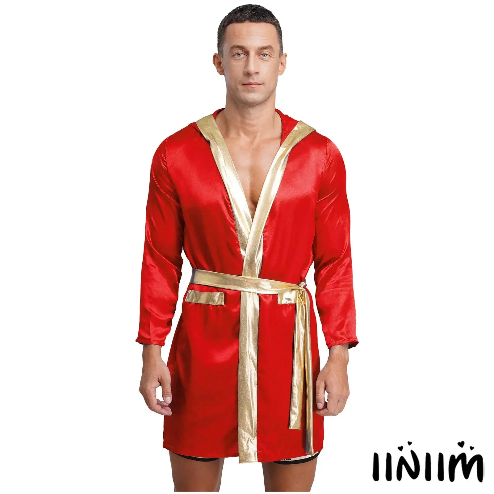 

Mens Boxing Robe Metallic Trim Gown And Adjustable Belt Premium Satin Hooded Cloak with Belt Halloween Carnival Boxer Costume
