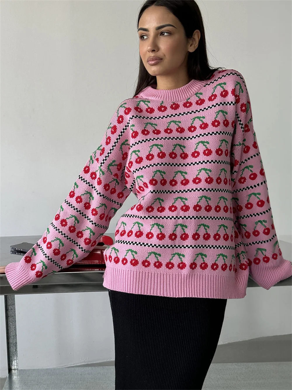 Casual Pink Print Cherry Sweater for Women 2024 Autumn Winter Retro O Neck Long Sleeve Pullover Female Knitted Top Streetwear