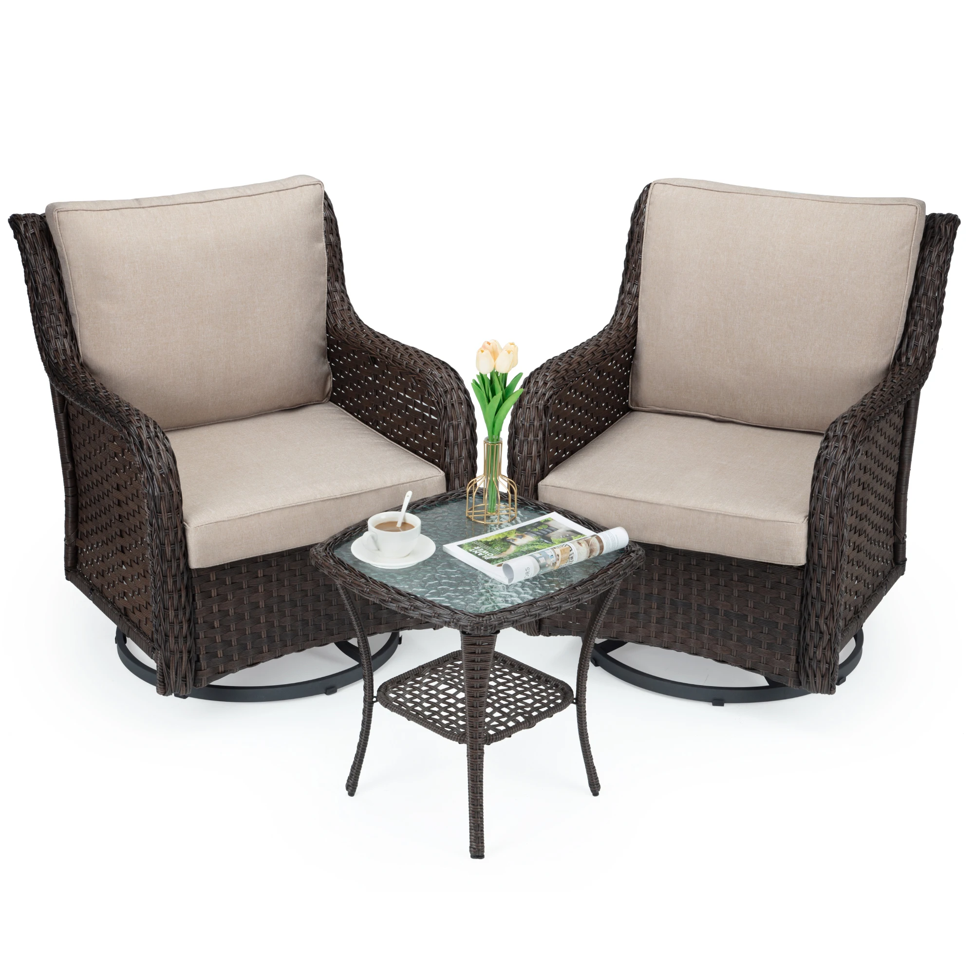 3 Pcs 360° Swivel and Glide Rattan Swivel Rocking Chair Outdoor, Furniture Set, Wicker Chair with Cushions and Table