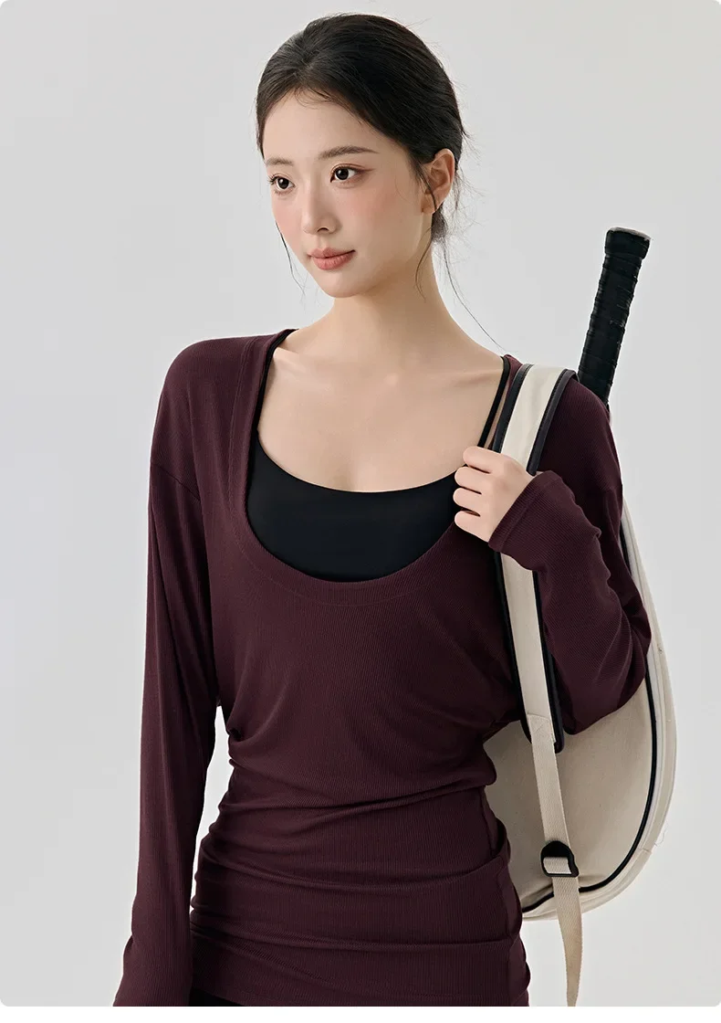 Lockere Fitness-Bluse mit großem U-Ausschnitt, sexy Trainingsjacke, langer Stil, der das Gesäß und unangenehme Linien bedeckt, weich für Frauen. – Detail 12